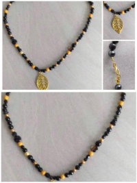 Perlenkette, schwarz-braun-goldfarben, Blatt