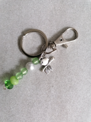 Schlüsselanhänger mit Perlen, Karabiner, und Charm Vogel, silberfarben - Schlüsselanhänger mit