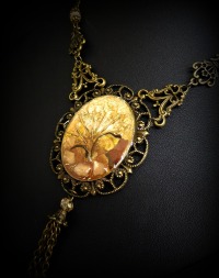 Upcycling Statementkette Set Collier Halskette Ohrringe bronzefarben kupfer gold handbemalt mit