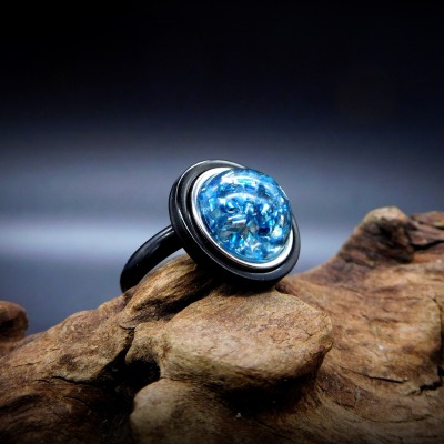 Edelstahlring schwarz blau silber mit zweifacher Schrottfüllung aus gefärbtem Aluminium - Ring