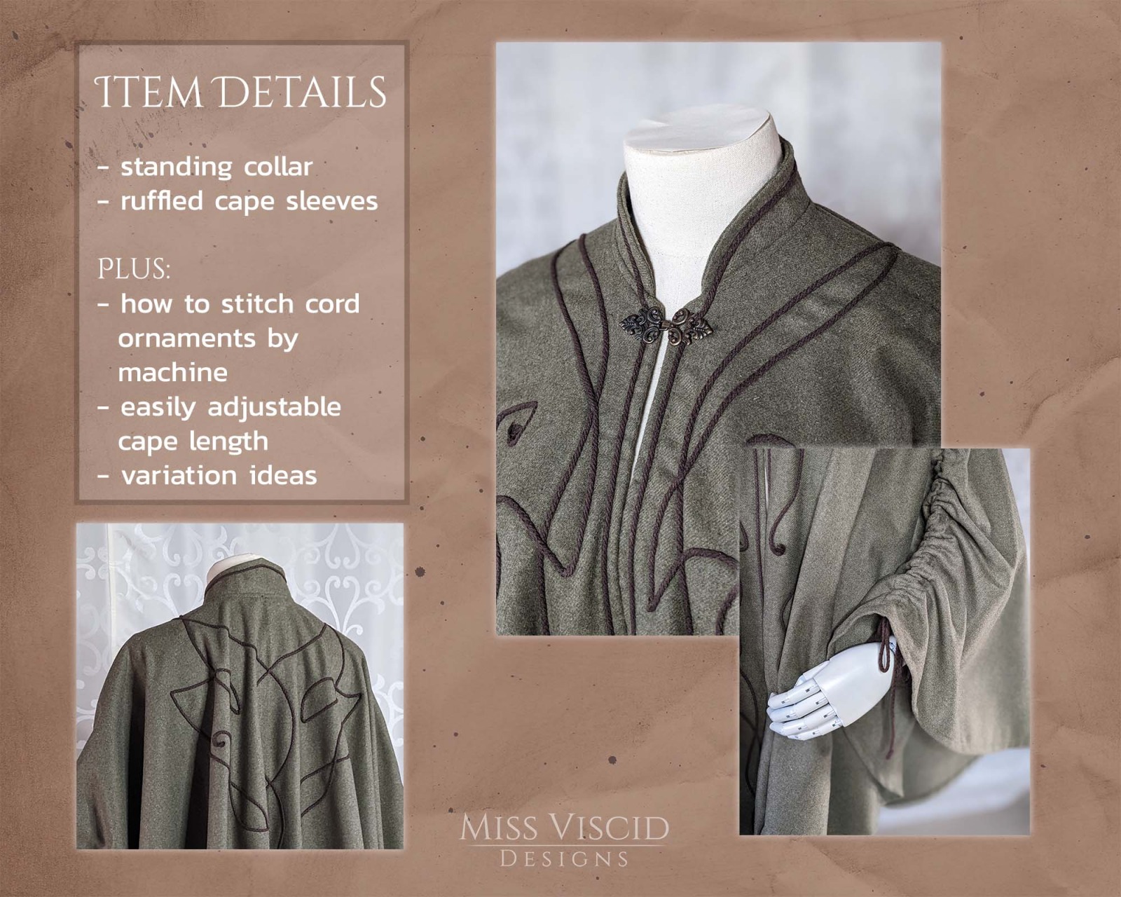 Cape Cloak with ruffled sleeves and high collar - PDF pattern with sewing guide