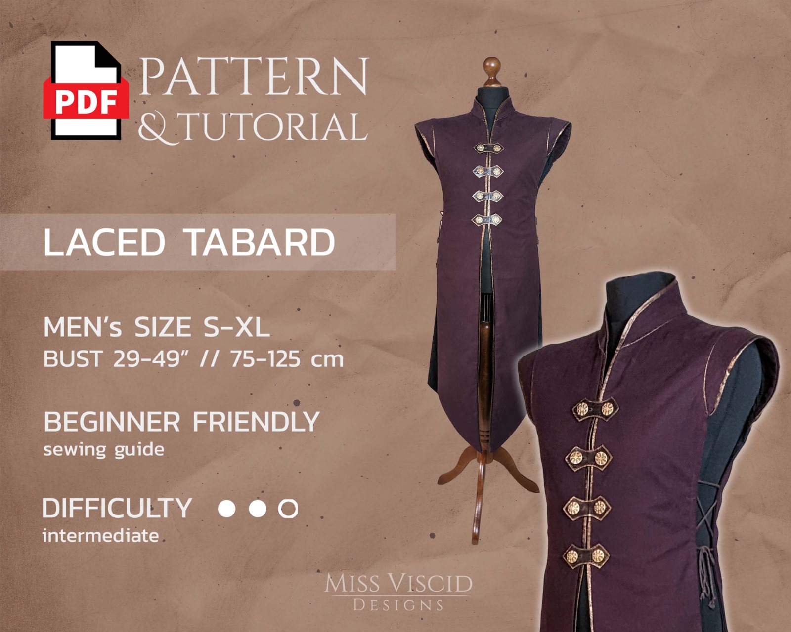 Mens Tabard Vest with standing collar - digital pattern with sewing guide