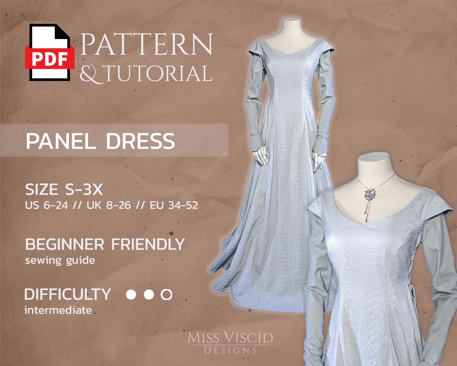 Fantasy gown &amp; Elven dress as PDF pattern for DIN A4, US Letter and DIN A0 printer