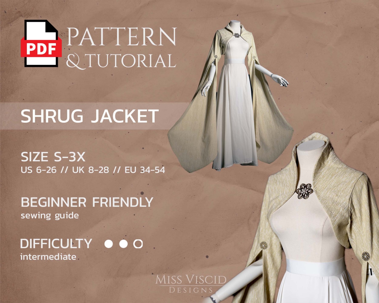 Bolero Jacket for elven wedding dress - PDF Pattern file for home printers + print shops