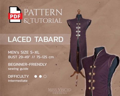 Mens Tabard Vest with standing collar - digital pattern with sewing guide - Elegant medieval fantasy