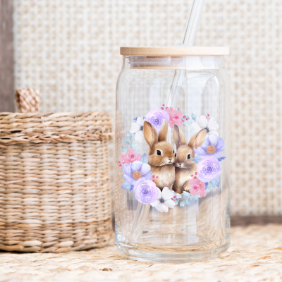 CoffeeBunGlass - klarglas - Motiv: FlowerBunnies
