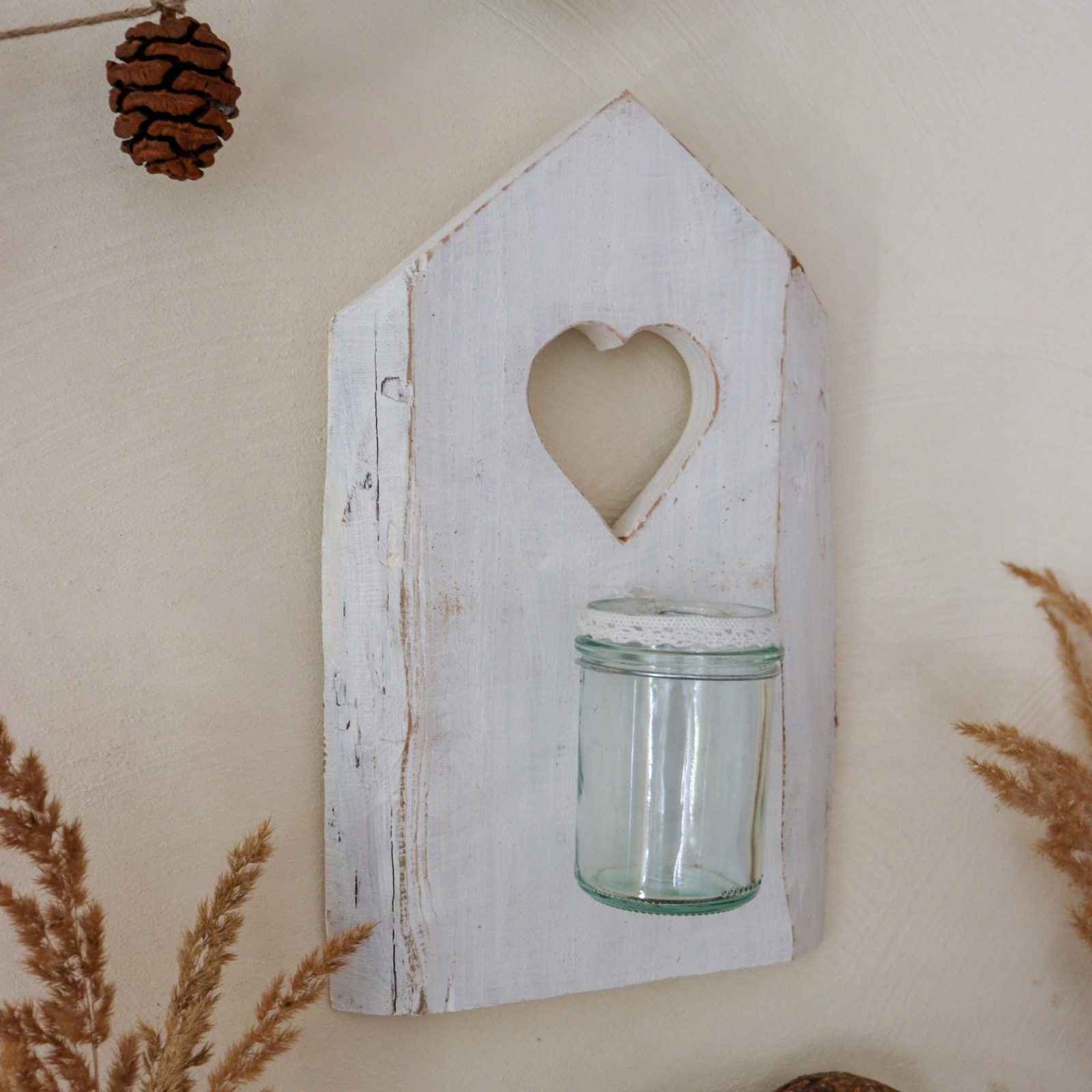 Shabby Chic Holz - Wandkerzenhalter HAUS weiß 3