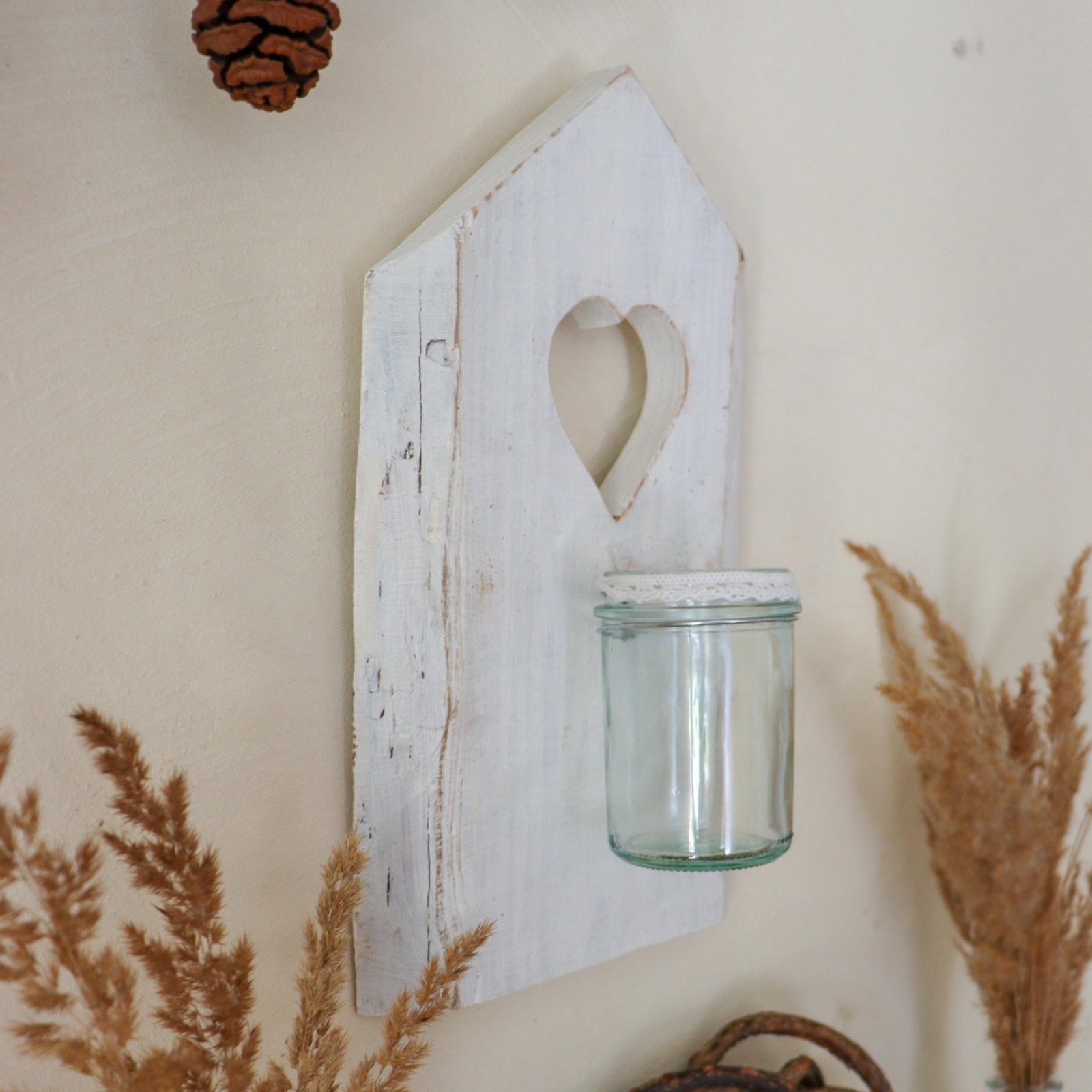 Shabby Chic Holz - Wandkerzenhalter HAUS weiß 4