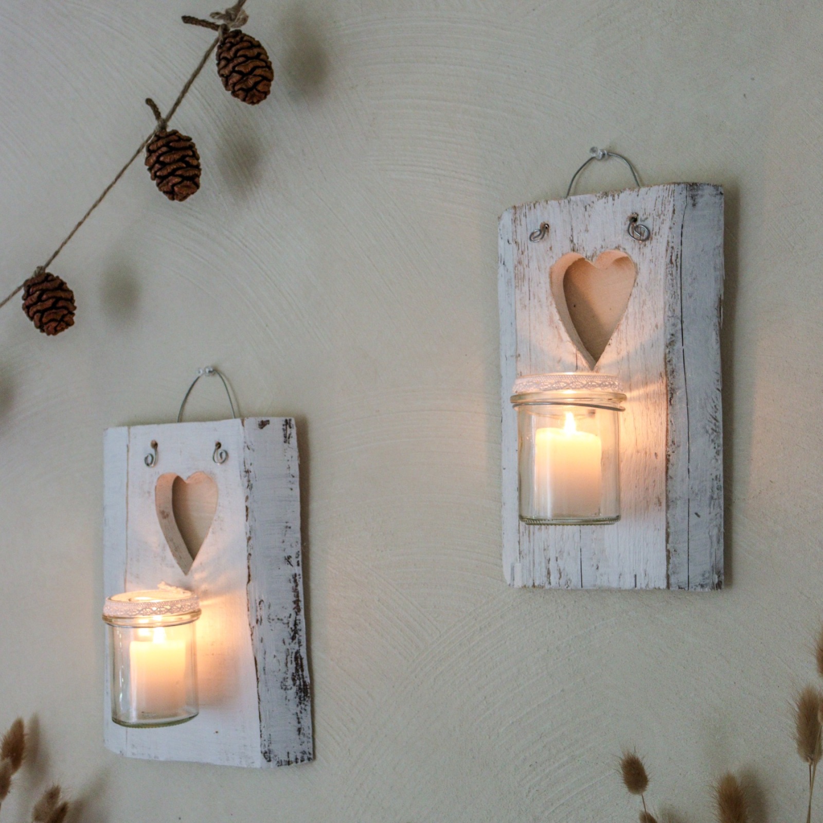 Holz-Wandkerzenhalter-Set HERZ | Shabby Chic weiß 6