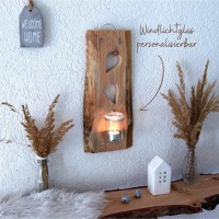 Wanddeko aus Holz HERZEN mit Windlichtglas personalisierbar