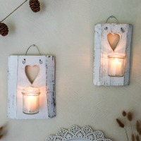 Holz-Wandkerzenhalter-Set HERZ | Shabby Chic weiß