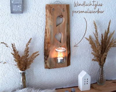 Wanddeko aus Holz HERZEN mit Windlichtglas personalisierbar - Wandkerzenhalter für Innen und Außen