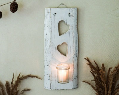 Holz-Wandkerzenhalter HERZ - Shabby Chic Stil weiß - Wanddekoration mit Windlichtglas für Innen &amp;