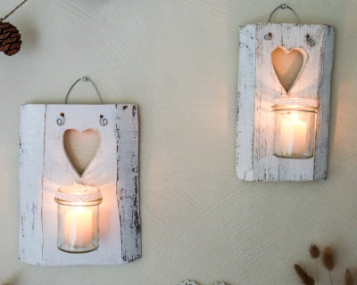 Holz-Wandkerzenhalter-Set HERZ | Shabby Chic weiß - Wanddeko mit Windlichtglas auf Wunsch