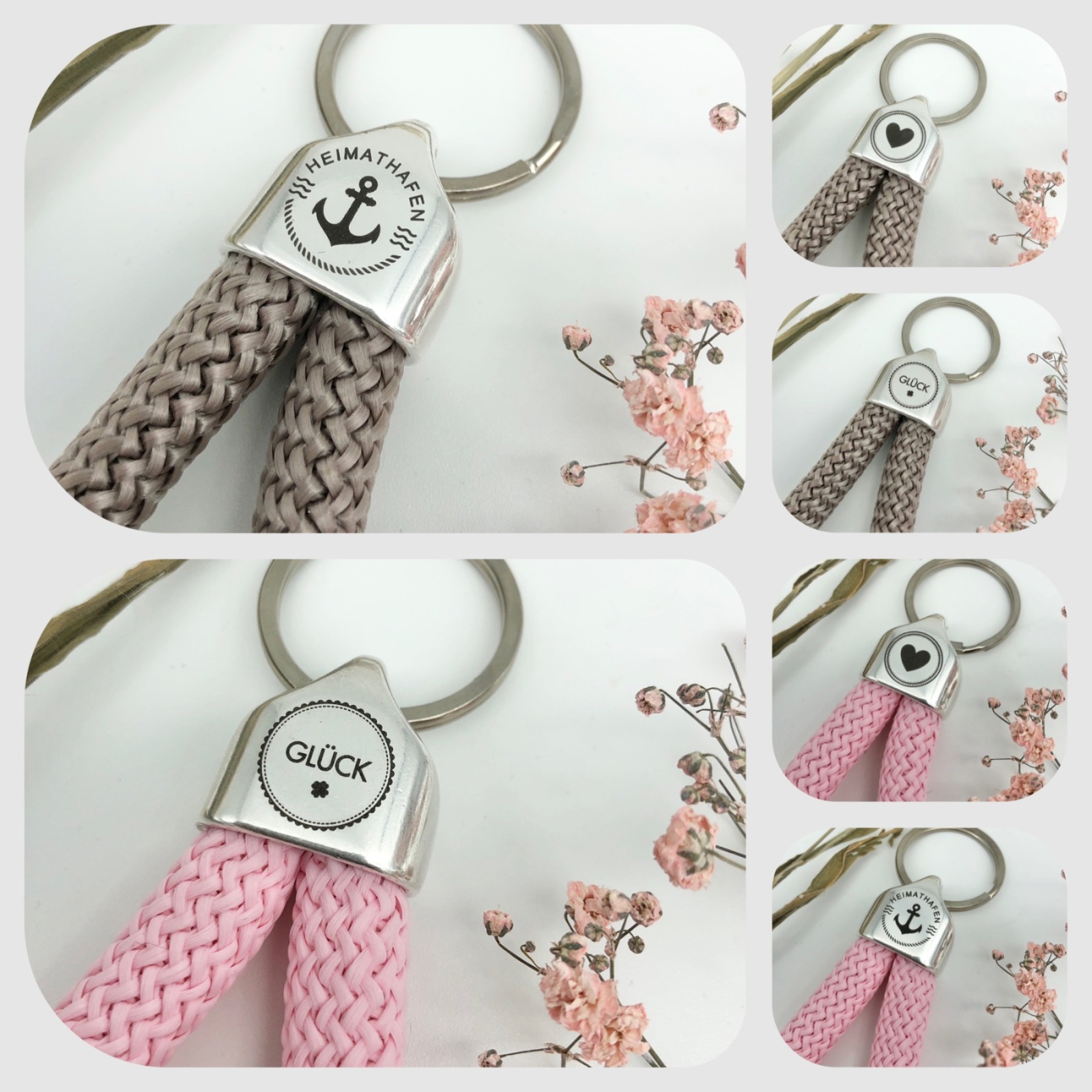 Schlüsselanhänger aus Segeltau Segelseil in rosa mit graviertem Schriftzug Glück 4