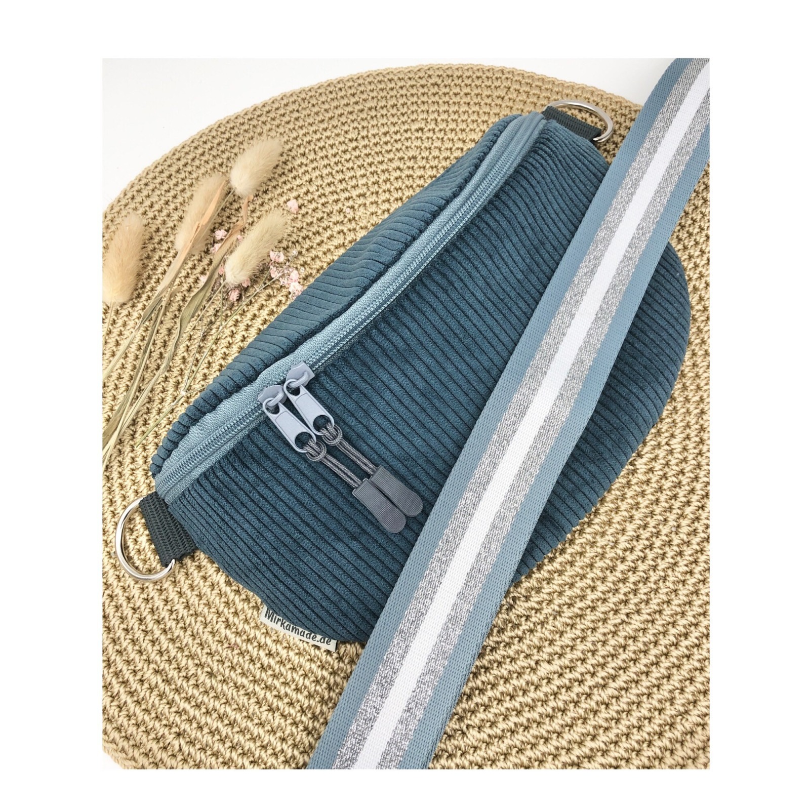 Bauchtasche Crossbag Cord blau petrol mit gestreiftem Taschengurt Tasche Cord blau Hipbag leicht und
