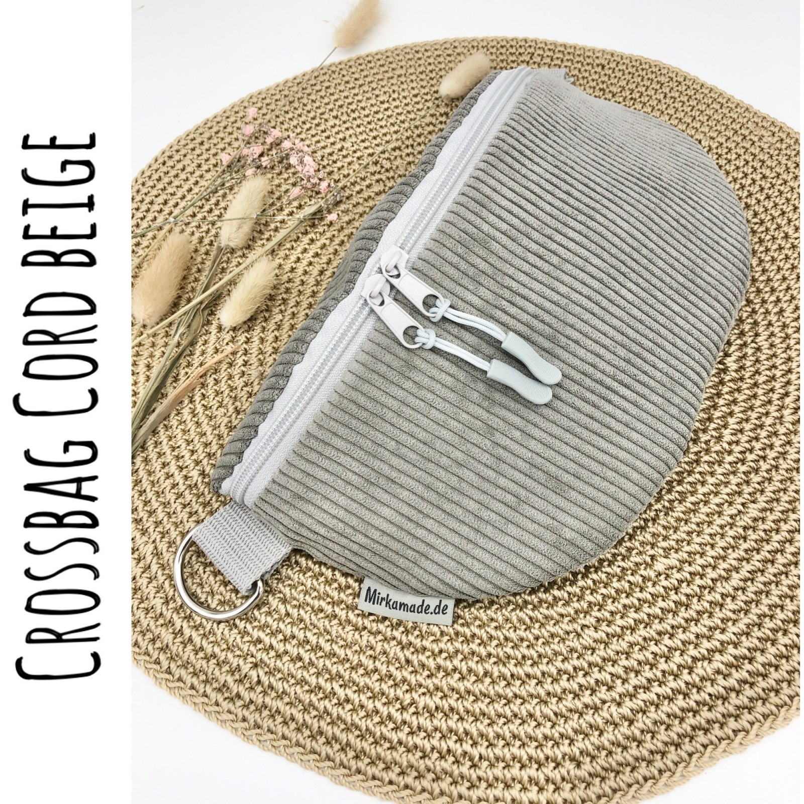 Bauchtasche, Crossbag Cord graubeige mit Leogurt in grau, Tasche Cord grau beige, Hipbag, leicht und