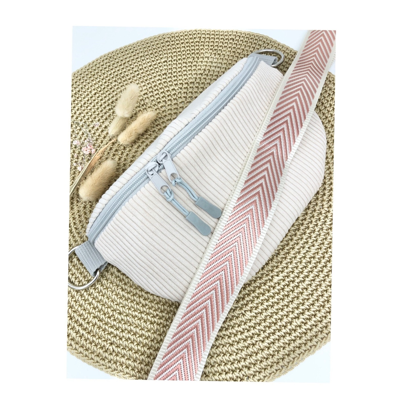 Bauchtasche / Crossbag Cord cremeweiß mit Taschengurt rosa Tasche Hipbag leicht und praktisch Kord