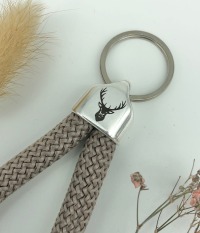 Schlüsselanhänger aus Segeltau Segelseil in taupe mit graviertem Hirsch, Anhänger, Hirschkopf, Hi