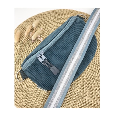 Bauchtasche Crossbag Cord blau petrol mit gestreiftem Taschengurt, Tasche Cord blau, Hipbag, leicht