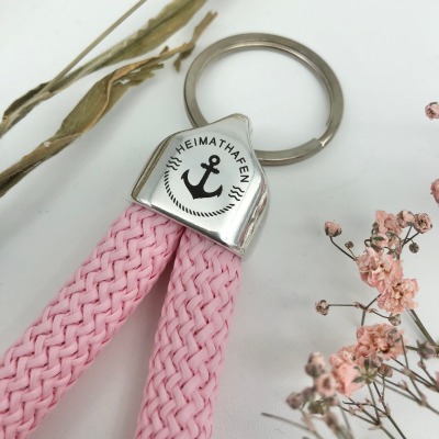 Schlüsselanhänger aus Segeltau Segelseil in rosa mit graviertem Anker maritim