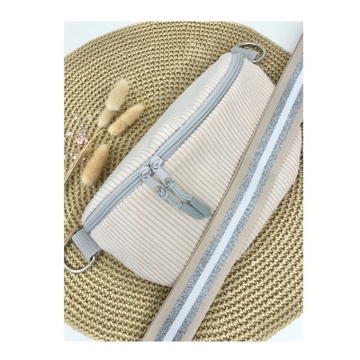 Bauchtasche XL Crossbag Cord cremeweiß mit Taschengurt in beige weiß silber Tasche Hipbag leicht