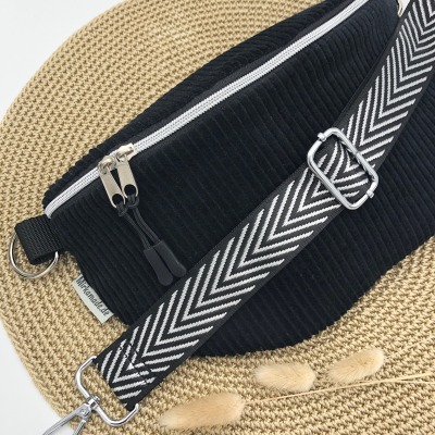 Bauchtasche XL Crossbag Cord schwarz mit Taschengurt Fischgrät Hipbag leicht und praktisch Kord Cor