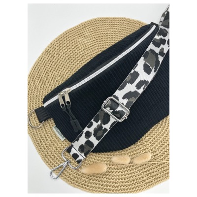 Bauchtasche, Crossbag, Cord schwarz mit Taschengurt Leo schwarz/weiß, Hipbag, leicht und praktisch,