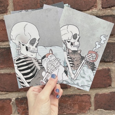 Postcard set Cats and skeletons - A new postcard set with cute little cats and skeletons