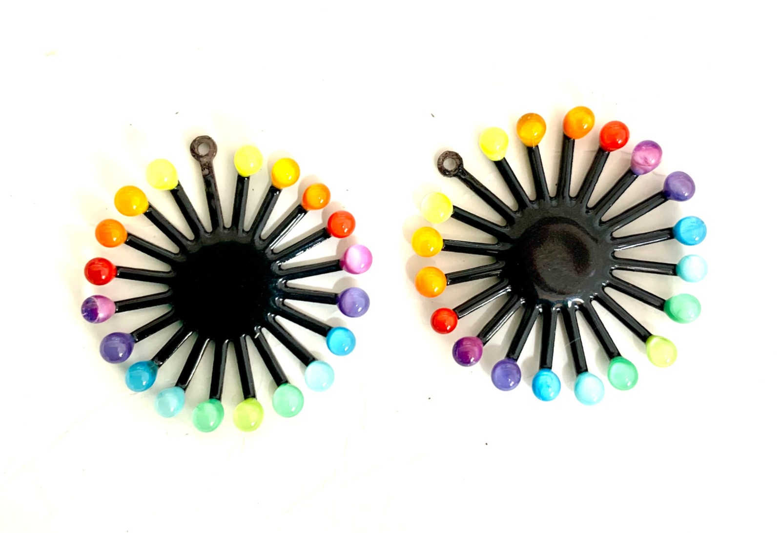 Earring Charm - Bright Rainbow Colored Dots of Glass on Black Enamel