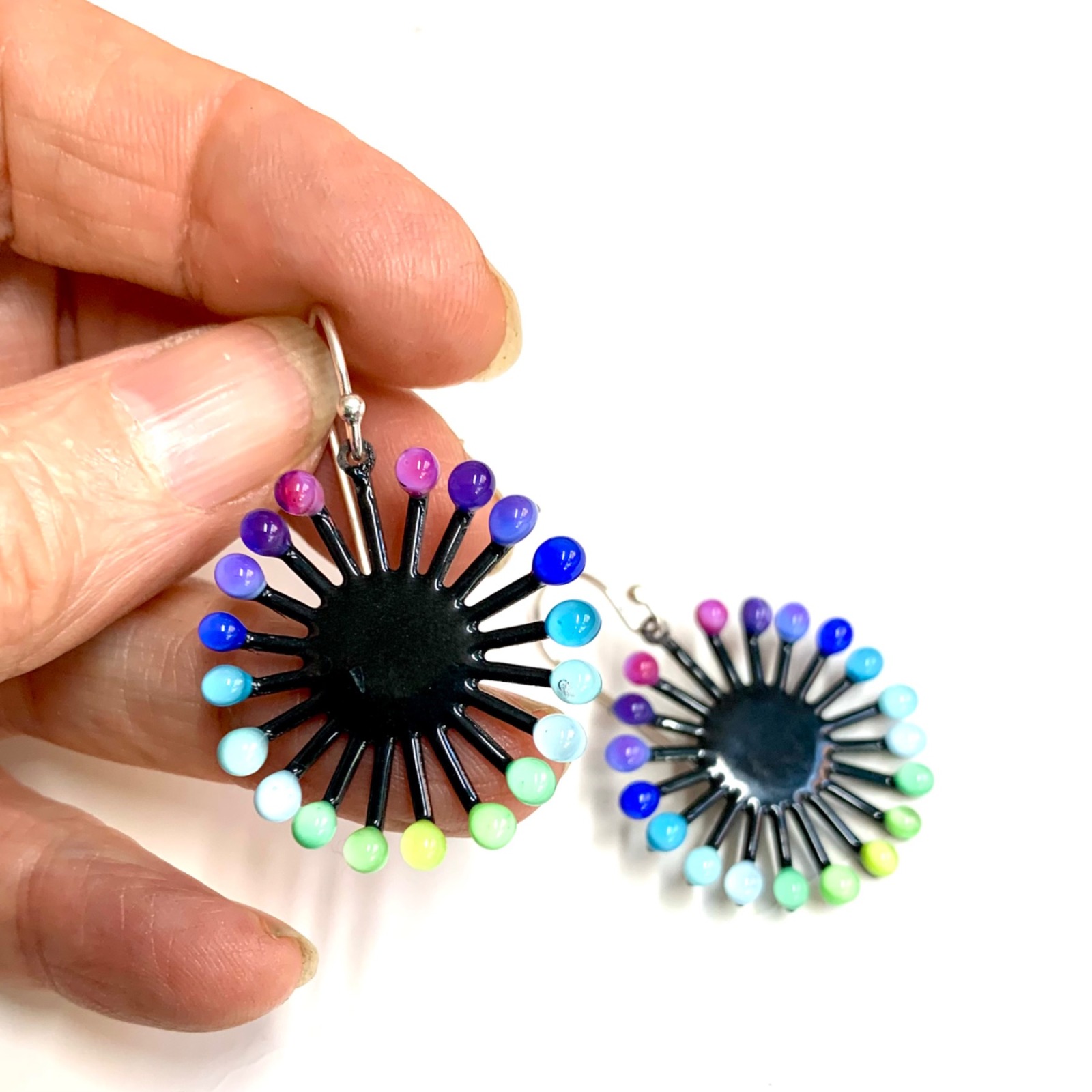 Earring Charm - Bright Rainbow Colored Dots of Glass on Black Enamel 3