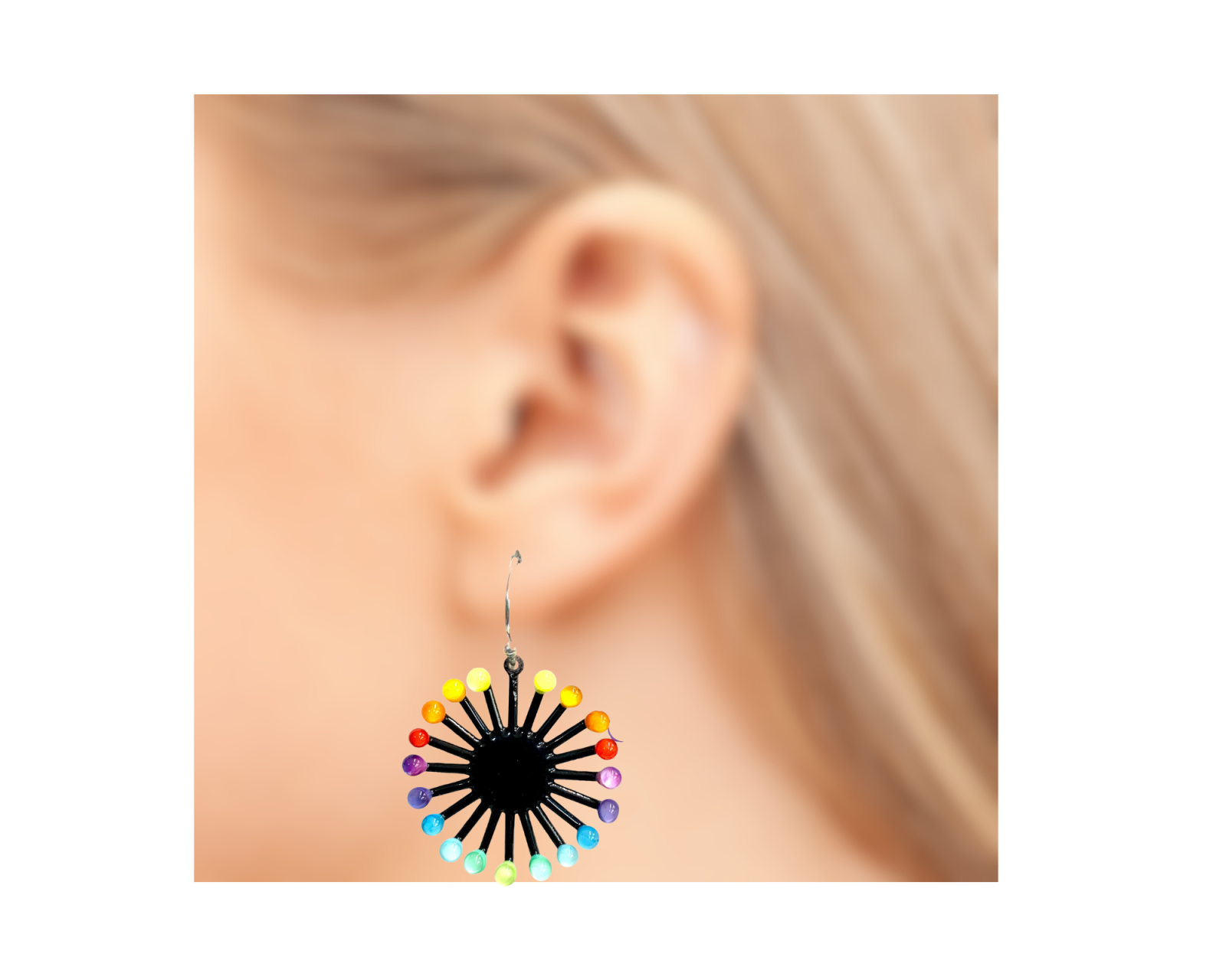 Earring Charm - Bright Rainbow Colored Dots of Glass on Black Enamel 6