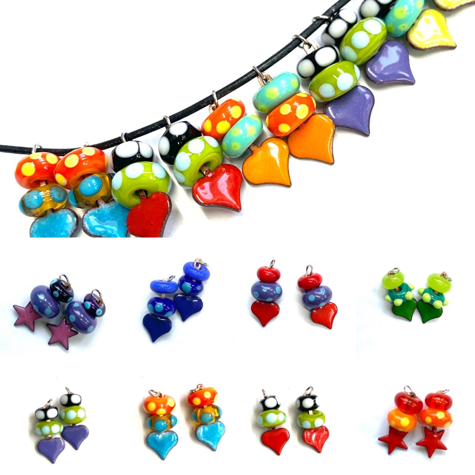 Sweet little charms for earrings. Handmade glass beads with tiny enameled charms