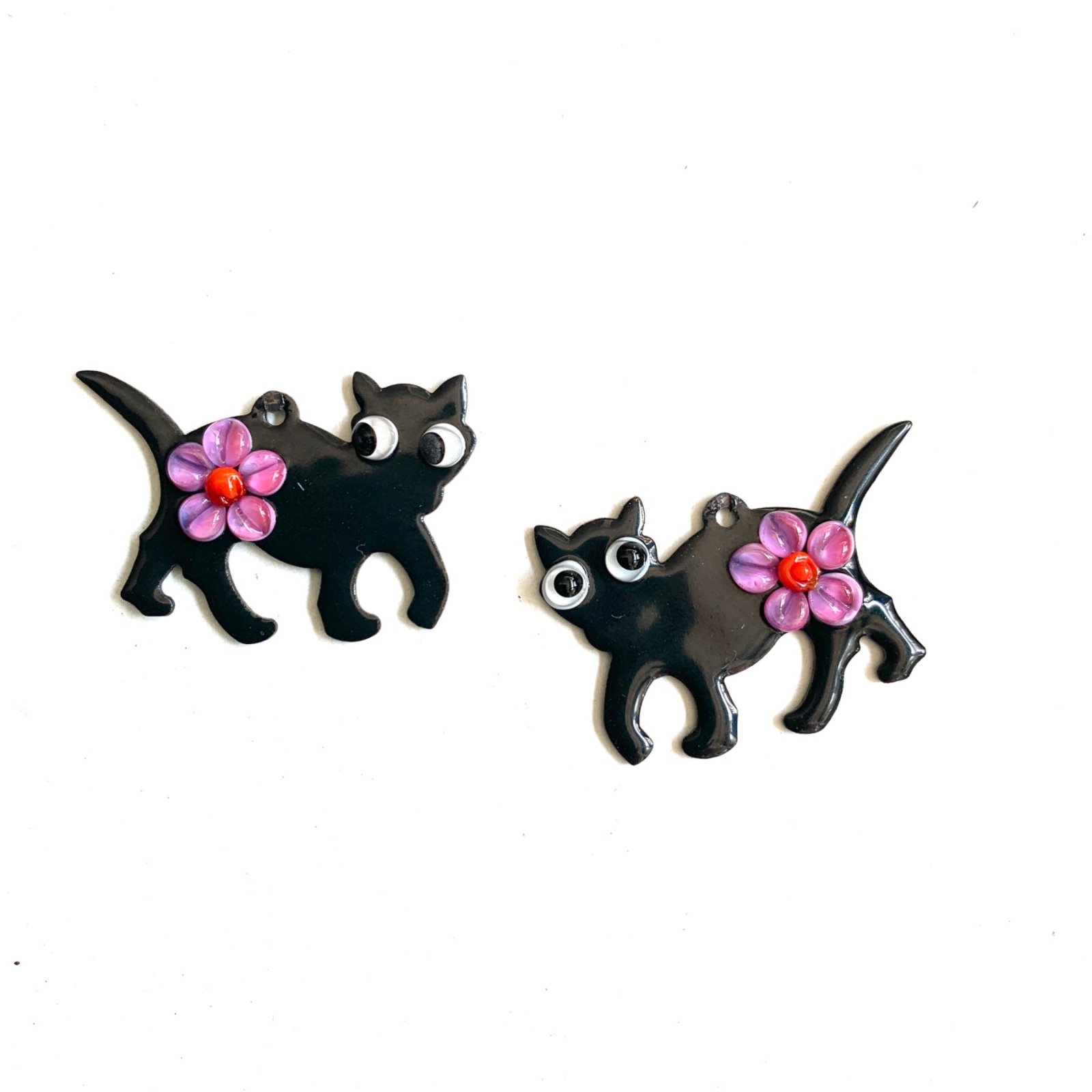 Black Cats With or without Flowers - Copper components with enamel and glass, black earring charms