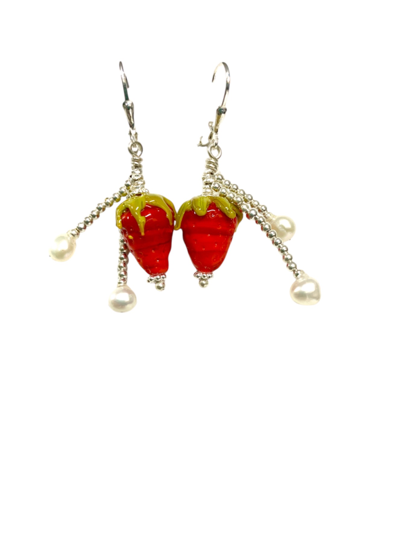 Stylish Earrings in fun Strawberry Design, decorated with sweet water pearls and silver 2