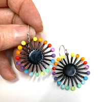 Earring Charm - Bright Rainbow Colored Dots of Glass on Black Enamel 4