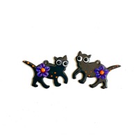 Black Cats With or without Flowers - Copper components with enamel and glass, black earring charms