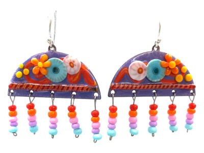 Boho Style Earrings, Copper Enamel and Decorated with Glass on a Silver Wire Hook - Fun and Colorful