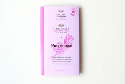 Belgische Zartbitterschokolade mit rosa Pfeffer - Dolfin vegane Zartbitterschokolade, Tafel 70 g