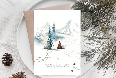 Weihnachtskarte Berghütte - DIN A6 mit Umschlag
