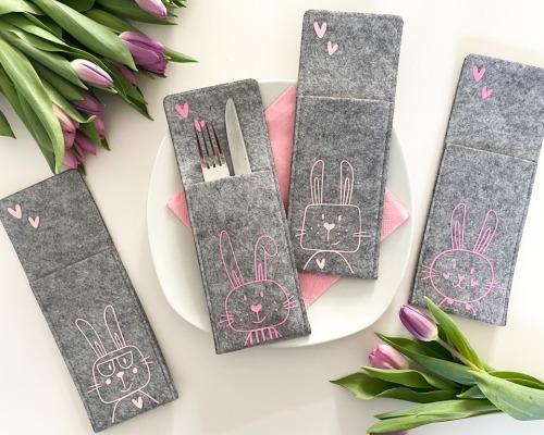 4er Set Bestecktasche/Besteckhalter/Platzkarte Hasis rosa/pink für Ostern/Frühling