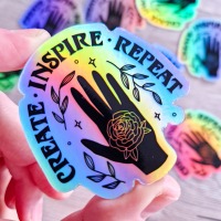 Holografischer Sticker mit Spruch create, inspire, repeat 4