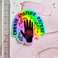 Holografischer Sticker mit Spruch create, inspire, repeat 5