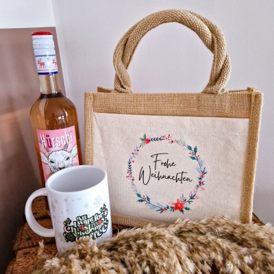 Jutetasche Frohe Weihnachten - kleines Täschchen aus Jute für Weihnachtsgeschenke &amp; Mitbringsel