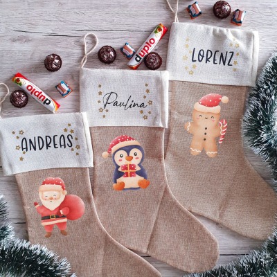 Nikolausstiefel personalisierbar mit Namen und Motiv - Beutel in Stiefelform aus Jute für Geschenke