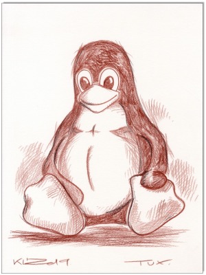 Linux TUX Pinguin - 24 x 32 cm - Original Rötelzeichnung auf Zeichenkarton - Artikelnummer 00046
