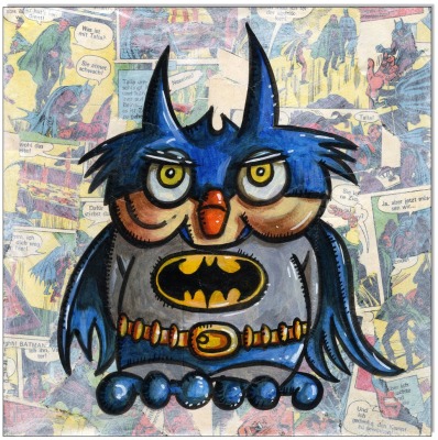 BAT Owl - 20 x 20 cm - Original Acrylgemälde und Collage auf Leinwand/ Keilrahmen - Artikelnummer 0