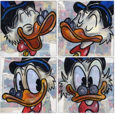 Comic Faces II: Dagobert Duck - 4 Bilder 15 x 15 cm - Original Acrylgemälde und Collage auf