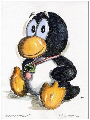 Linux Tux ART: Baby Tux - 24 x 32 cm - Original Federzeichnung farbig aquarelliert auf