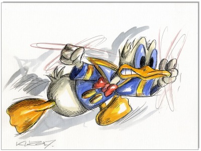 Donald Duck in Rage I - 24 x 32 cm - Original Federzeichnung farbig aquarelliert auf Aquarellkarton